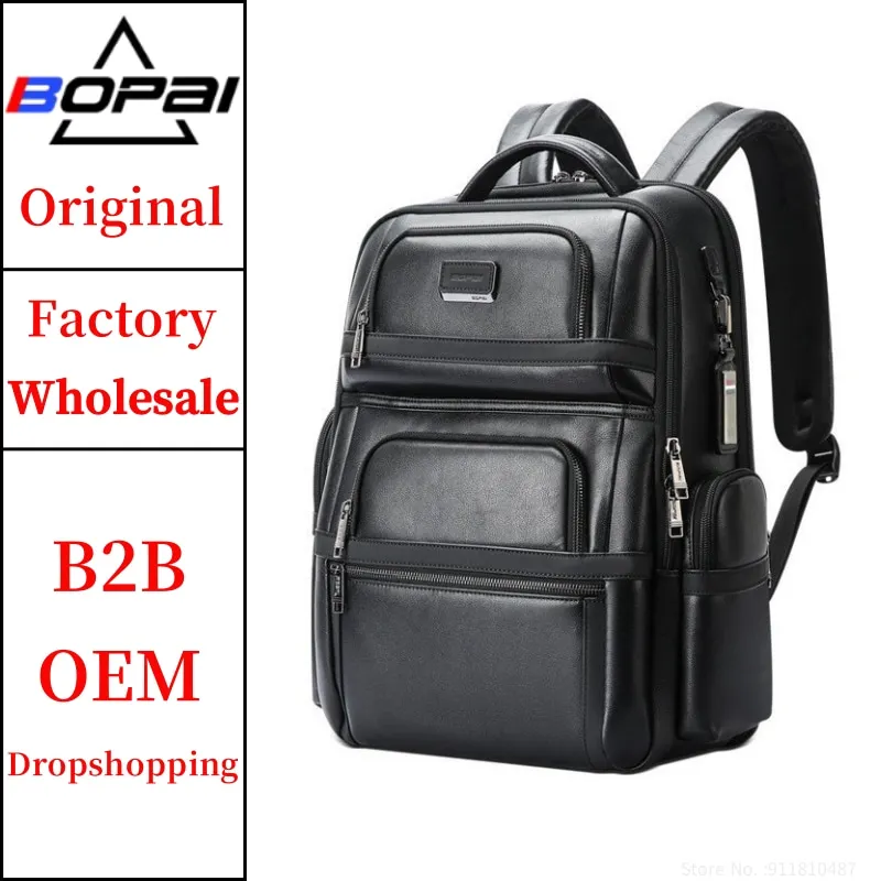 BOPAI  Usb Charging Bsci Men Custom Logo Large 15.6 Inch Laptop Travel Business Anti Theft Luxury Real Genuine Leather Backpack