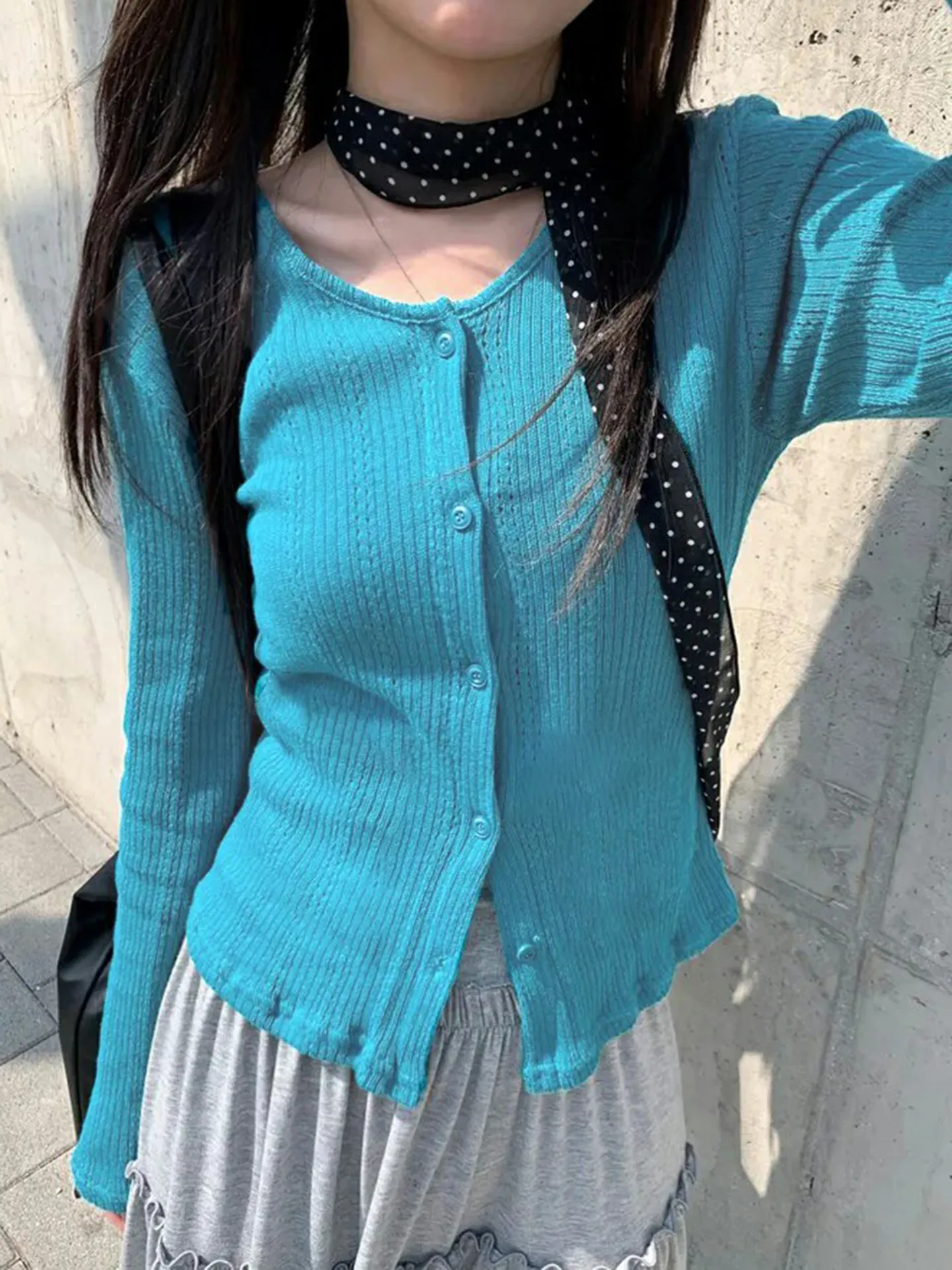 

WEEKEEP Blue Knitted Open Cardigan round Neck Button up Slim Fit White Enhancing Autumn Top Street Style Long Sleeve Regular ...