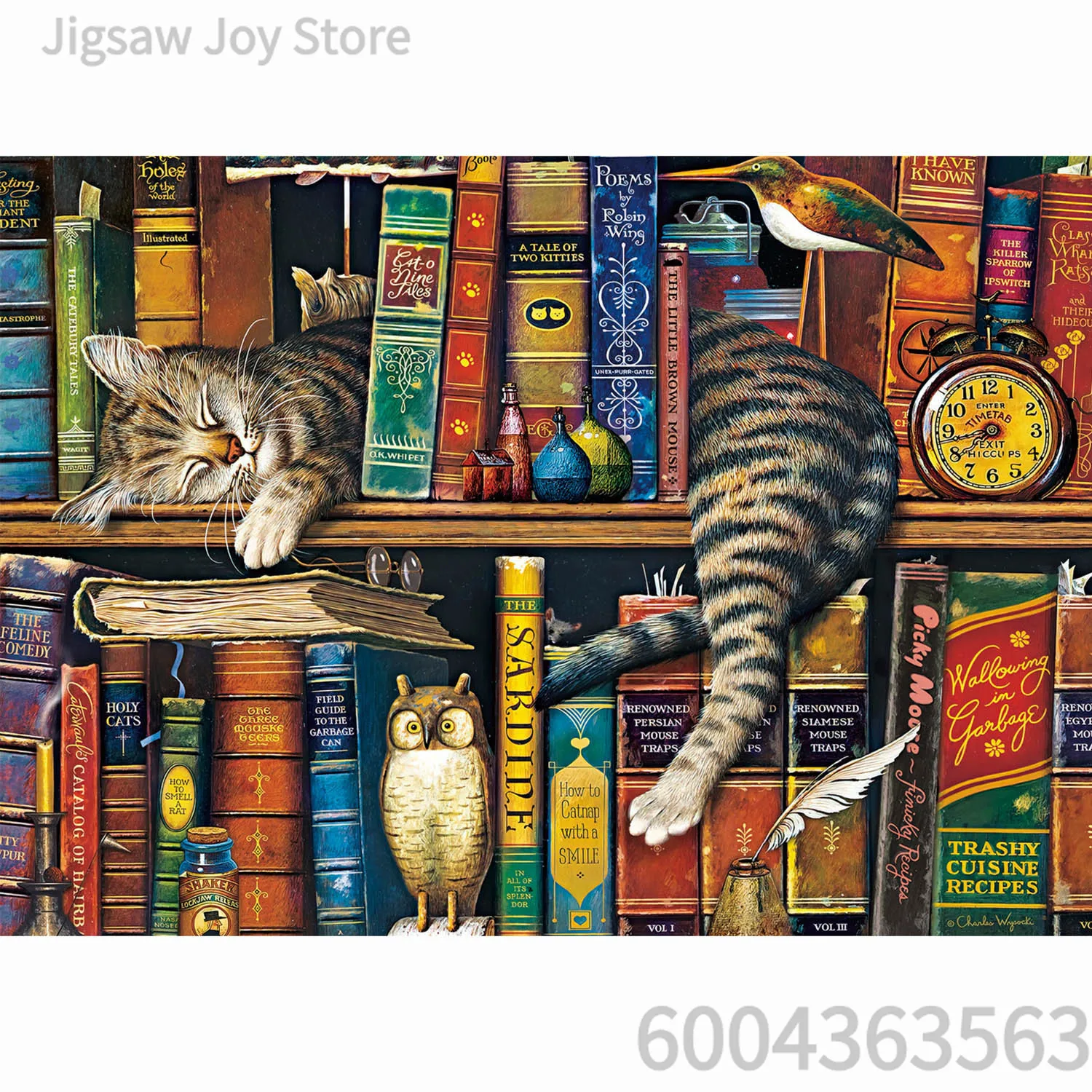 Art Jigsaw Puzzle, Magic Mushroom Fairy Forest, Lazy Cat on Bookshelf, Sunset Sunflower Field, Floral Library Room, 500-2000Pcs