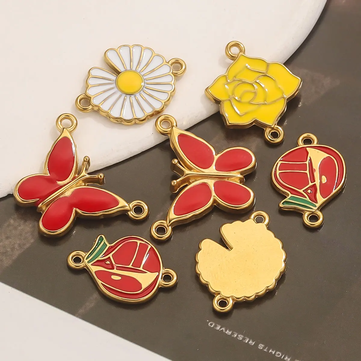 4pcs Stainless Steel Enamel Vintage Flower Charm Gold Plated for DIY Necklace Bracelet Anklet Jewelry Making Materials Wholesale view 3