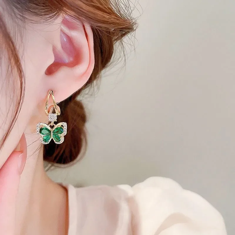 925 Silver Needle Vintage Green Crystal Butterfly Drop Earrings for Women Jewelry New Trending Luxury Zircon Women's Earrings