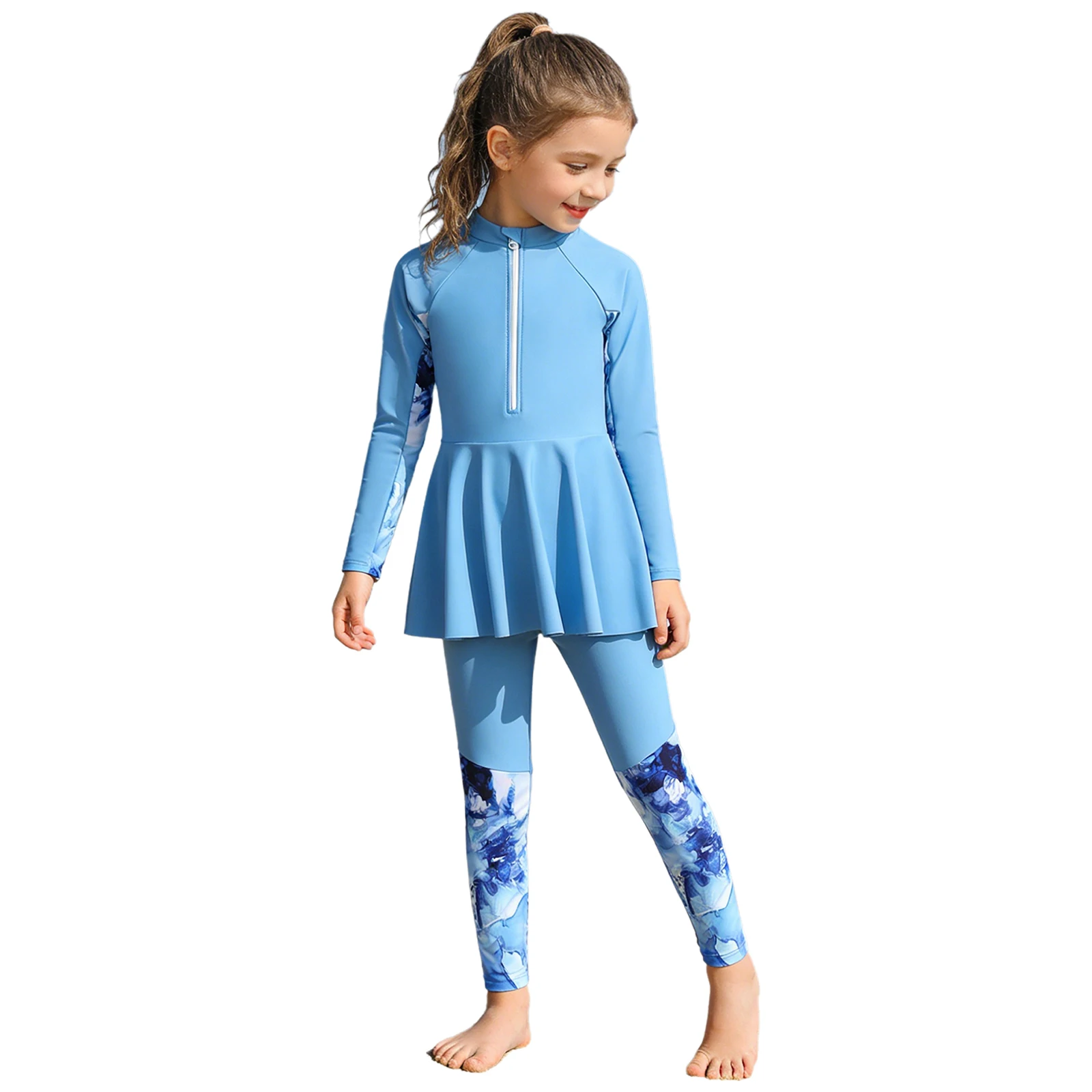 Girls Three Pieces Swimsuit Full Coverage Surfing Swimwear Long Sleeve Half Zipper Dress Top with Briefs Long Pants Bathing Suit