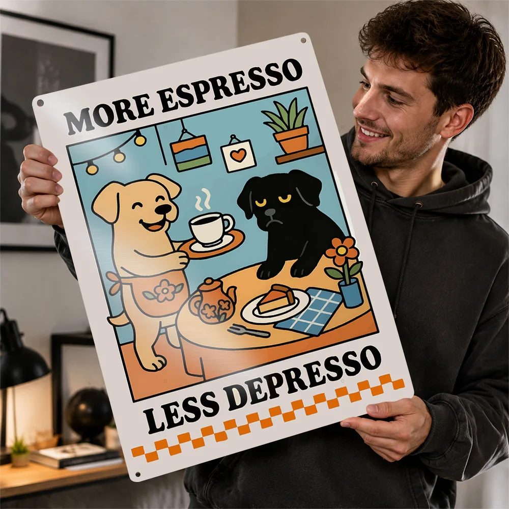 Espresso Depresso Cat And Dog Aluminum Poster Playful Cartoon Wall Art For Kitchen Personalized Metal Sign Coffee Lover Gift