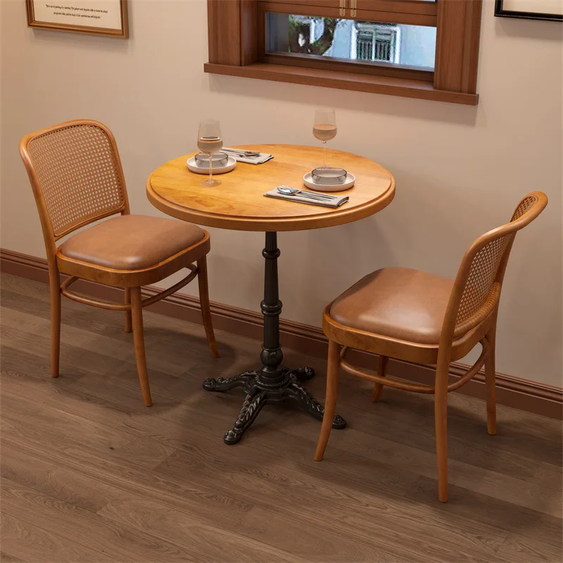 Solid wood rattan woven dining table and chair combination, milk tea café one table with two chairs, Western restaurant tavern r