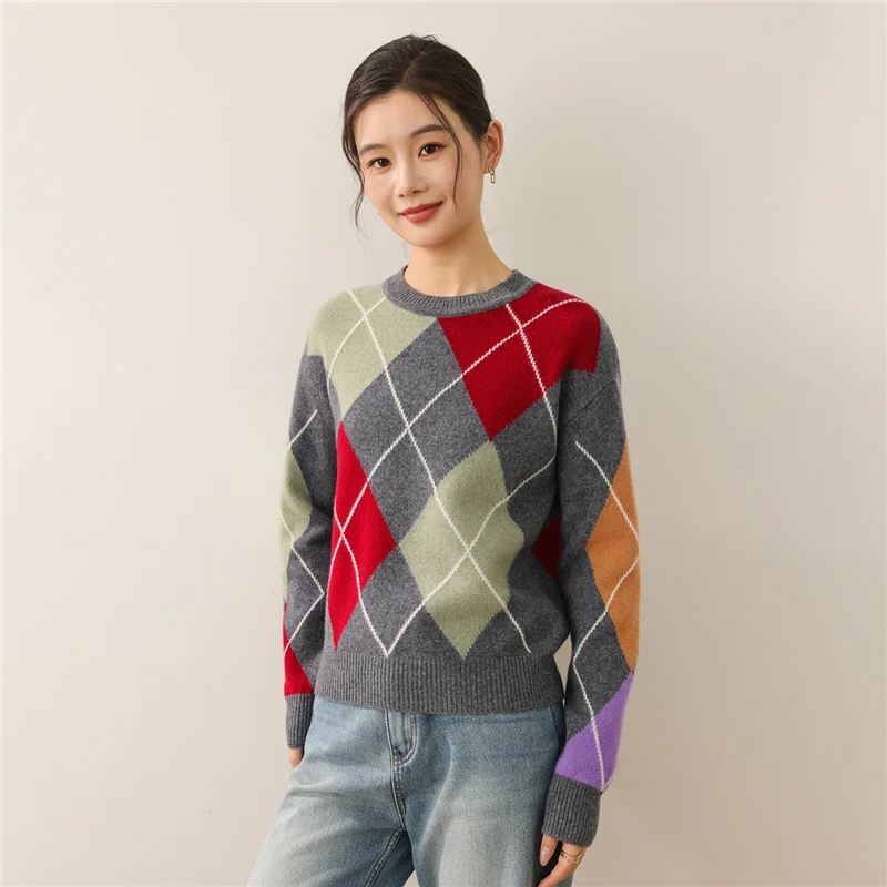 

2025 New Women's Color Block Sweater 100% Merino Wool Heavyweight Pullover Long Sleeve Loose-Fit Crewneck Warm Smart