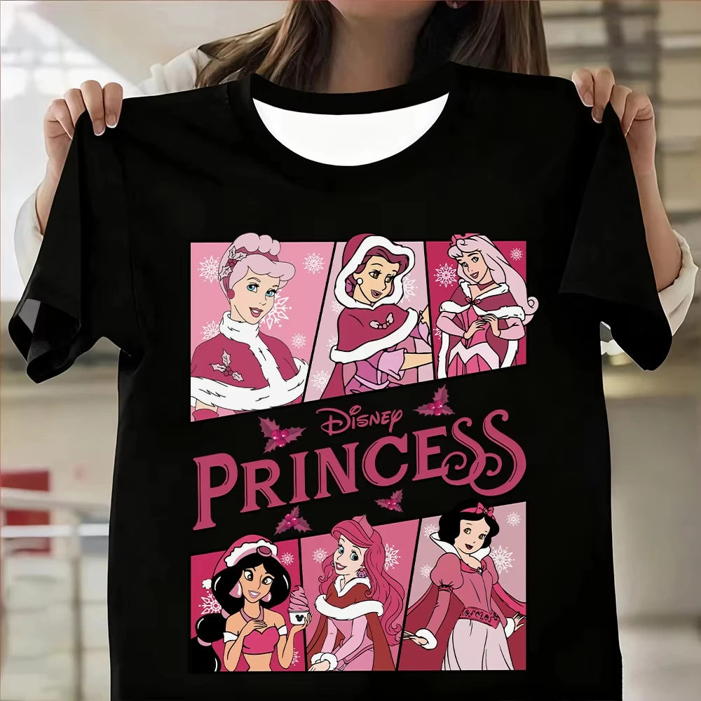 Camiseta con estampado navideño de princesa de Disney para mujer, camiseta transpirable de talla grande, ropa deportiva de manga corta estilo Y2k a la moda