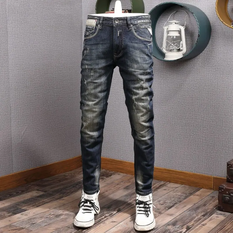 Y2kFashion Designer Men Jeans High Quality Retro Washed Blue Stretch Slim Fit Ripped Jeans Men Trousers Vintage Denim Pants Homb