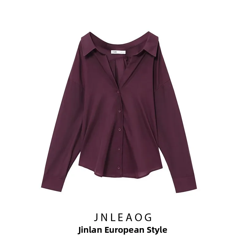 JNLEAOG 가을 신상 여성 패션 디자인 실크 셔츠 루즈핏 긴팔 브이넥 폴리에스터 섬유 변형 방지