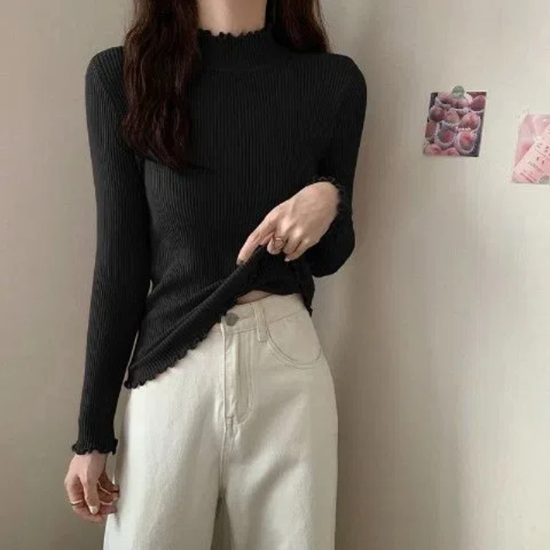 Women's 2024 Autumn and Winter New Splicing Pullover Half High Collar Fashion Solid Color Slim Casual Long Sleeved Knitted Top