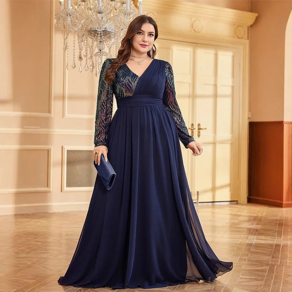 

Plus Size Navy V Neck Colorful Sequin Long Sleeve Ruched Waist Chiffon Split Maxi Evening Mother of Bride Formal Gown