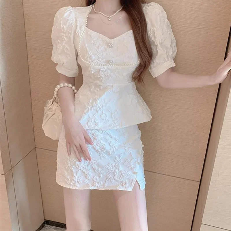 Skirt suit women's 2024 summer dress new age-reducing jacquard short shirt+sexy split skirt ladies fan two-piece skirt sets