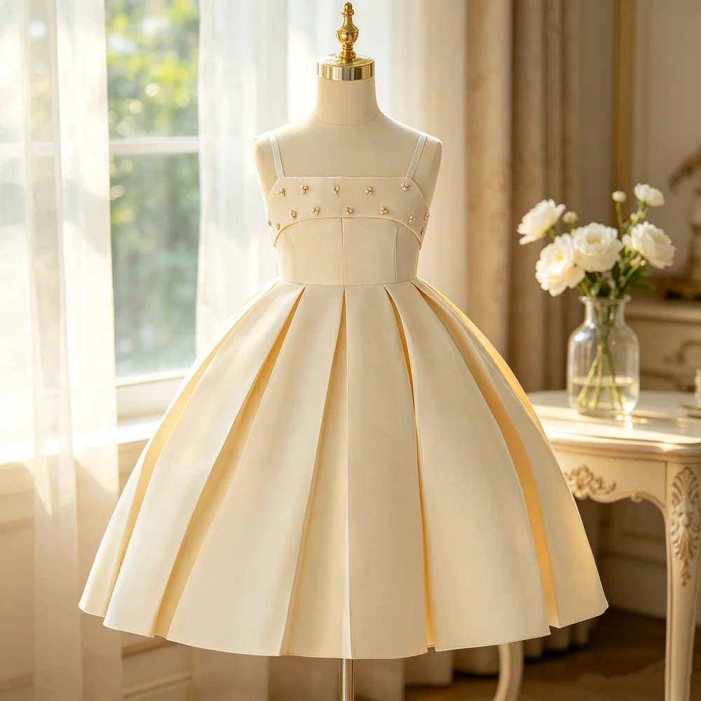 Champagnerfarbenes formelles Kleid für Mädchen, geeignet für Geburtstage, Prinzessinnen-Anlässe, Blumenmädchen oder Aufführungen.