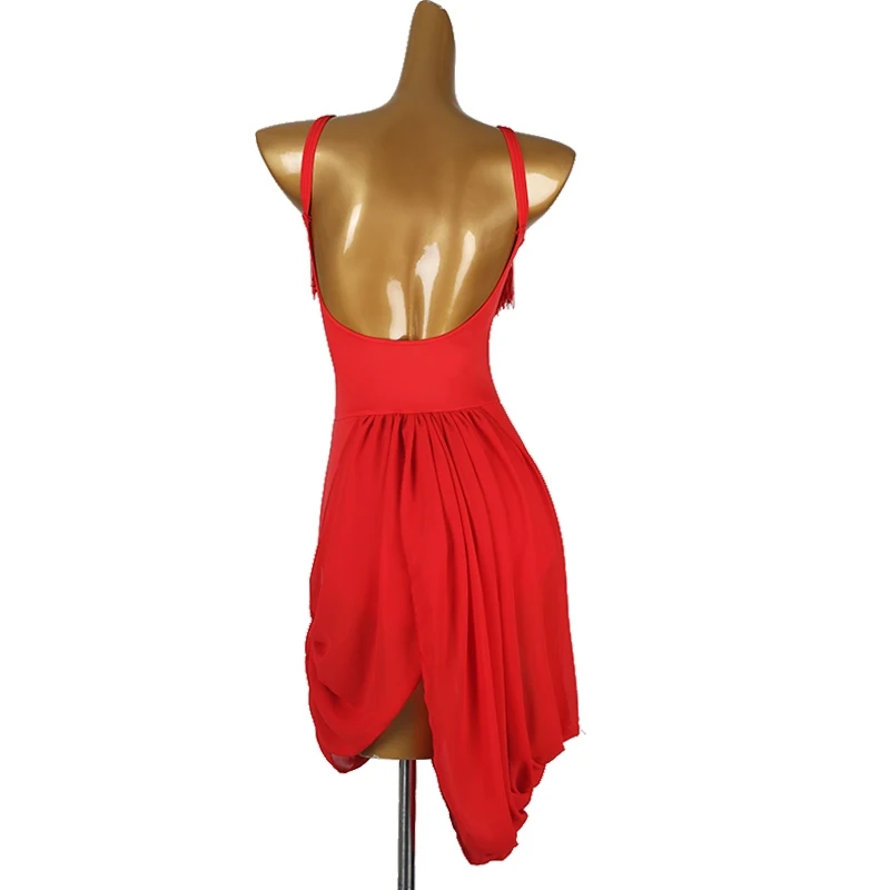 Robe de danse latine pour femmes, Sexy, dos nu, avec pompons, vêtements d'entraînement, Chacha Samba, robe de concours de danse latine, DQL11140
