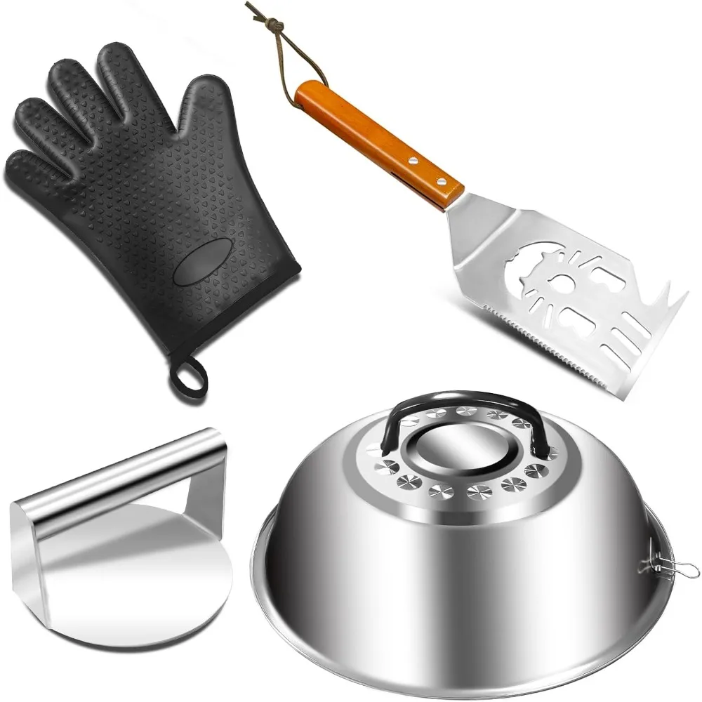 

Smashed Burger Set, Stainless Steel Burger Press Kit, Burger Press, 10 Inch Basting Cover, Grill Spatula,1 BBQ Glove - Griddle A