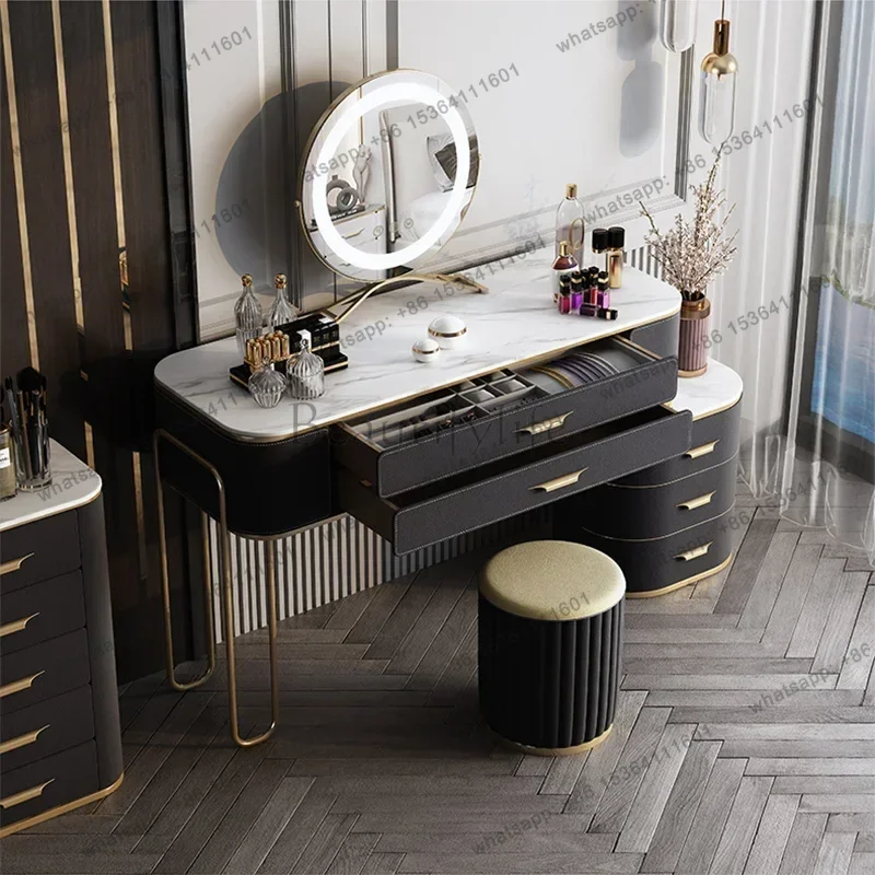 LJY Makeup Storage Dresser Sets Nordic Led Lights Mirrors Girls Dressing Table Drawer Organizer Coiffeuse De Chambre Room Furnit