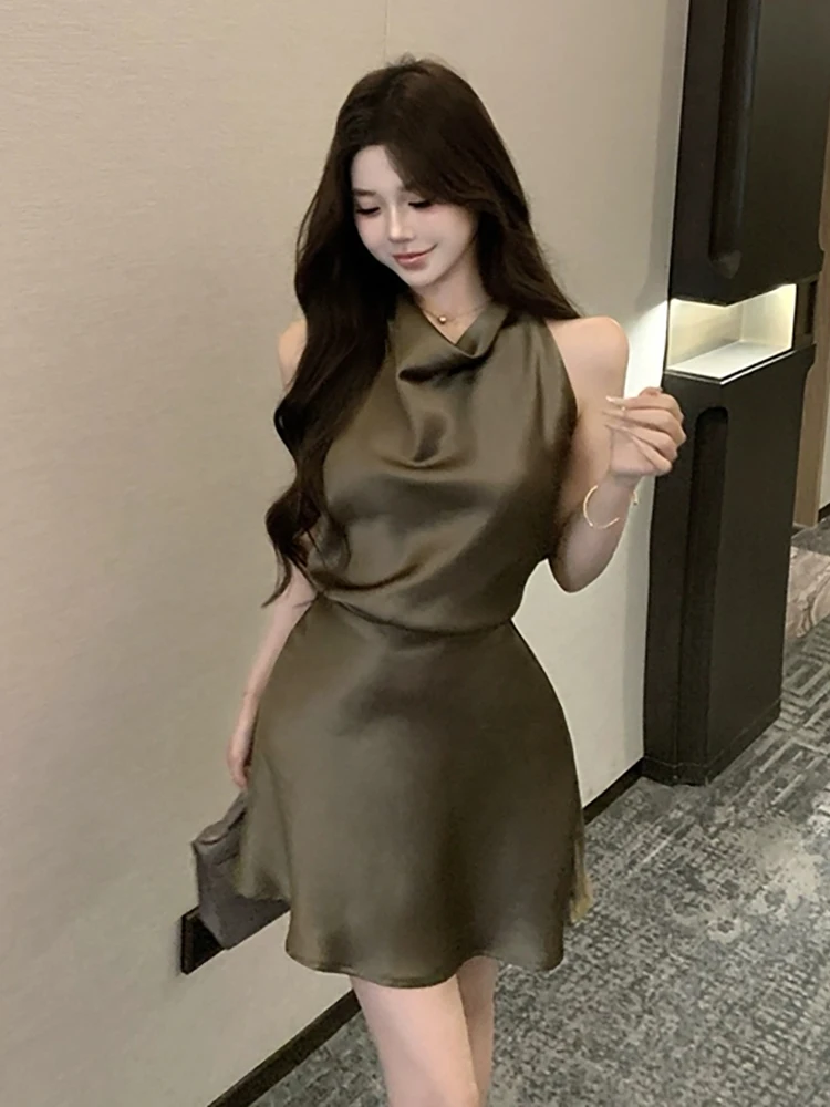 RORORIRI Draped COLLAR ซาตินชุดมินิผู้หญิงแขนกุด Off-Shoulder Slit Backless Desire One-piece Retro Elegant เสื้อผ้า