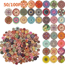 50/100 Round Assorted Floral Printed Wooden Decorative Buttons 2-Hole Floral Process Painted Wooden Cufflinks DIY Sewing Process
