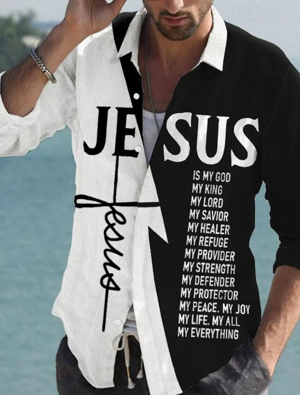 

Men's Shirt Letter Graphic Prints Cross Jesus Turndown Outdoor Street Long Sleeve Print Clothing Fashion Streetwear Designer