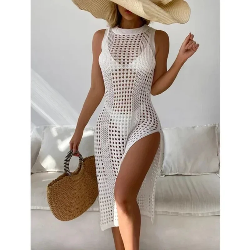 

Abrini Women Hollow Out Crochet Cover Up Swimwear Sleeveless Bikini Dress Smock Split Sexy Beach Knitwear Solid Swimsuit