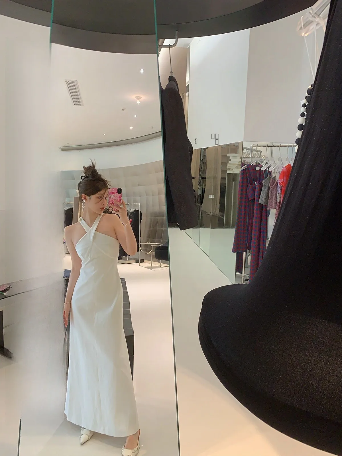 

Ele White Cross-Ne Women's Dr Slimming Waist Design Commute Sle Cotton Blend Mid-Length Skirt Casual Summer Dr