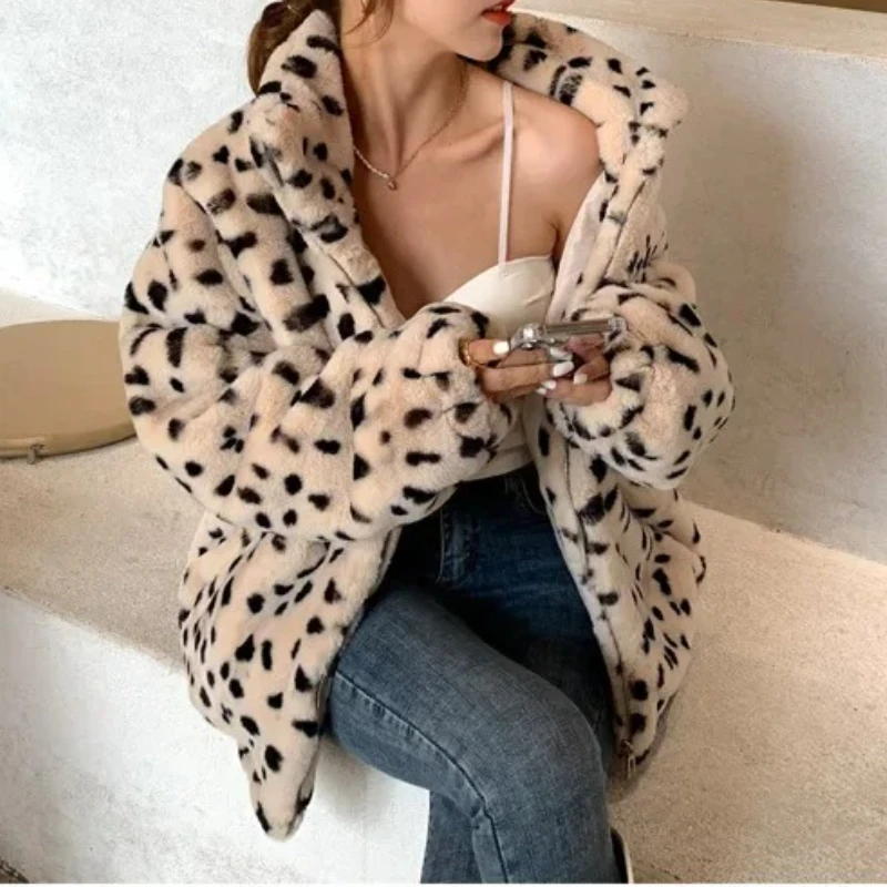 Leopard Faux Fur Mid Length Coats Women Jackets Print Coat Thick Warm Loose Furry Y2k Loose Jacket Outerwear Autumn Winter