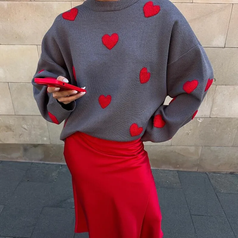 New Autumn Love Heart Pattern Pulover Sweater For Women Casual Loose Round Collar Long Sleeve Knitted Tops s853