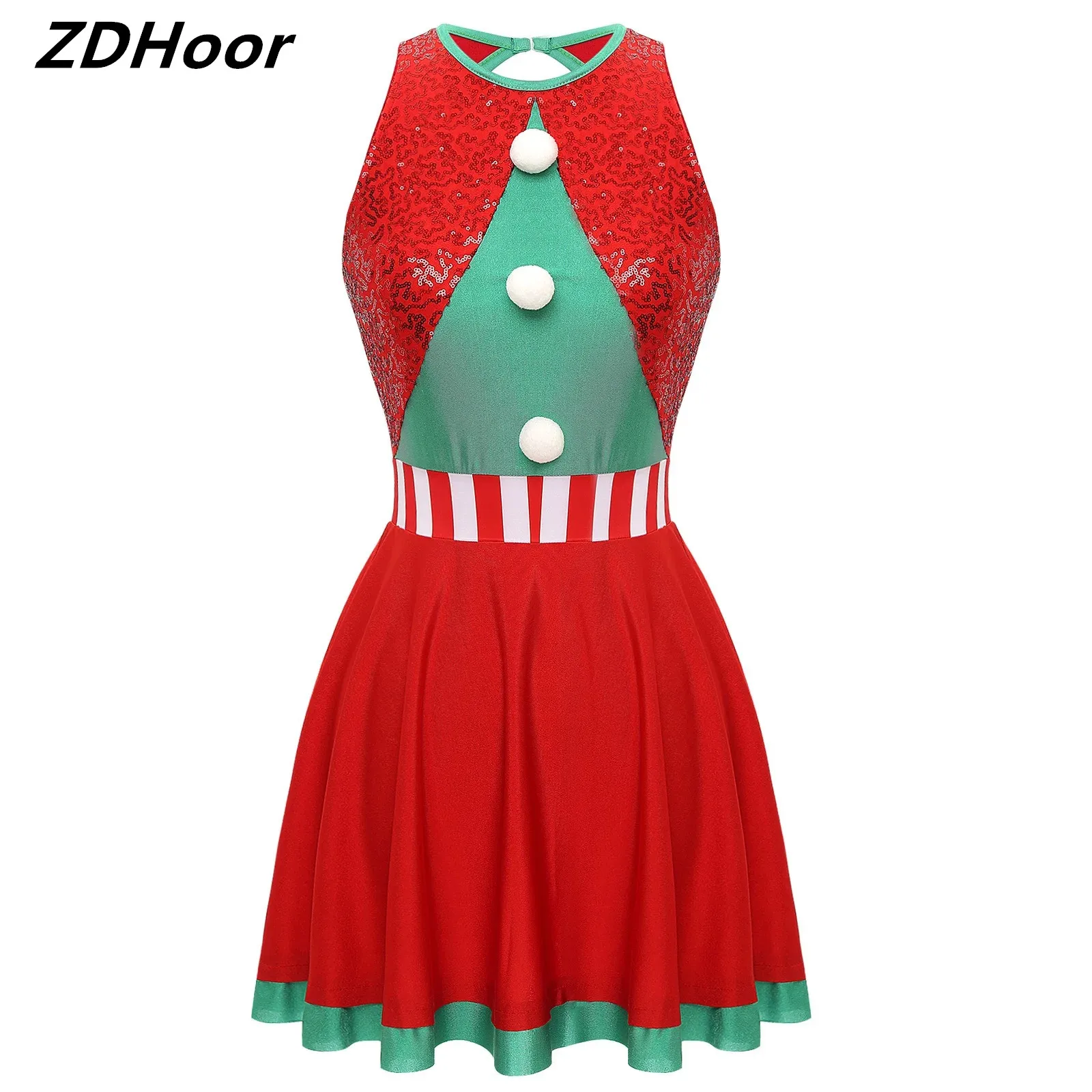 Womens Christmas Santa Sequin Dress Round Neck Sleeveless Cutout Pompom Contrast Dress Xmas Holiday A-Line Dress