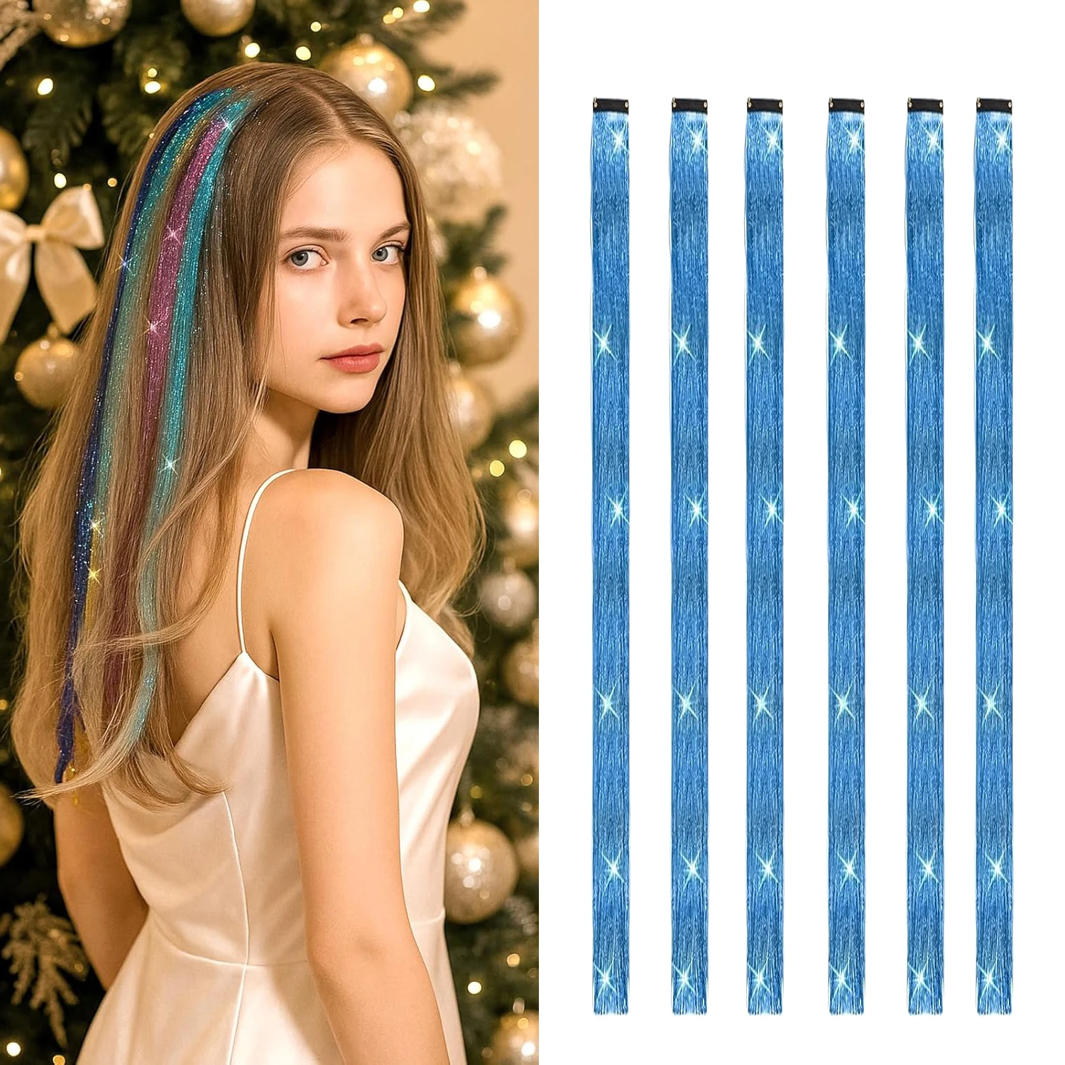 6pcs Hair Tinsel Clip in Rainbow Fairy Hair Tinsel Kit, 20Inch Glitter tinsel Hair Extensions Clip in Hair Tinsel for Christmas