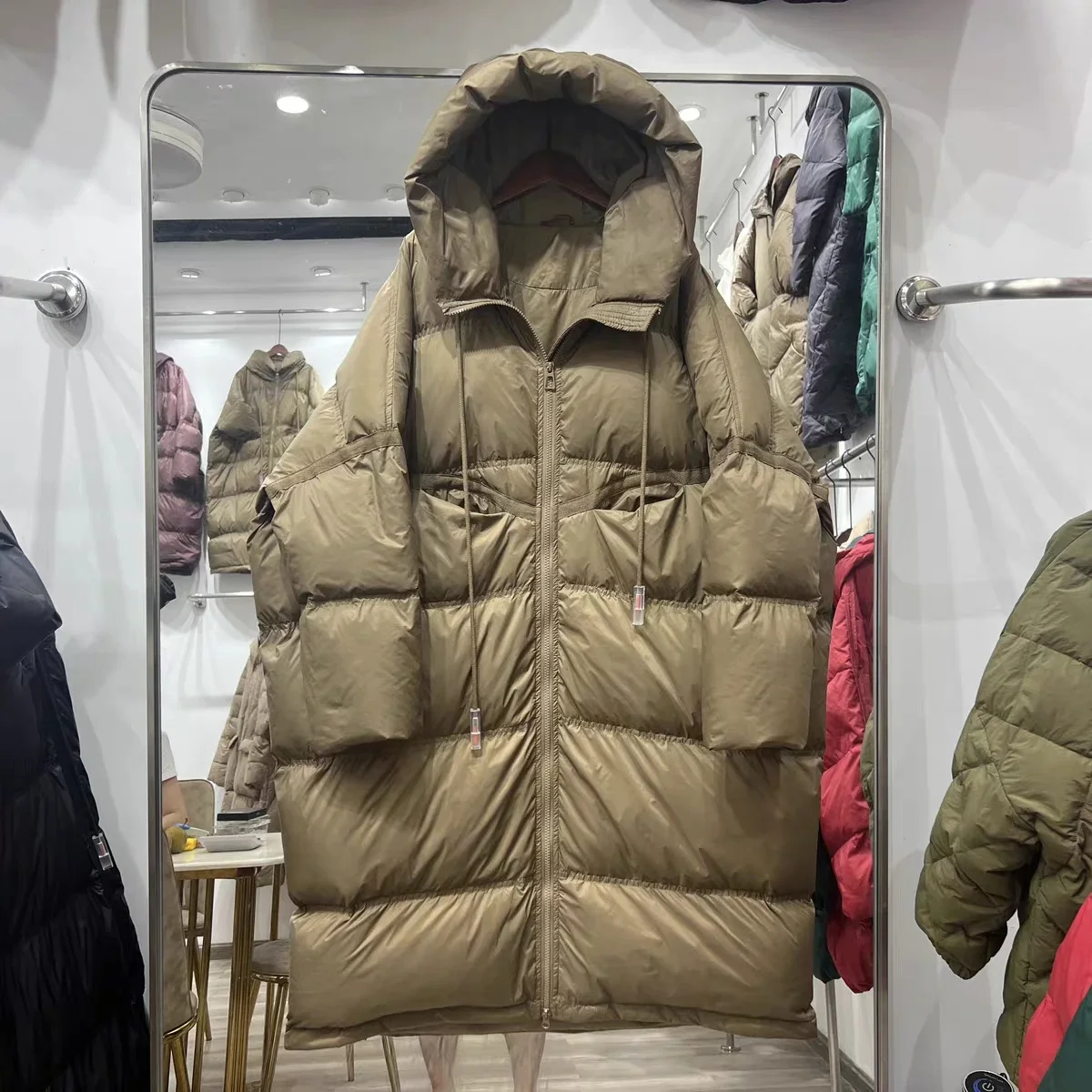 

Winter Long Hooded White Duck Down Jacket Female Solid Puffer Jacket Outwears Coat Women White Duck Down Knee Length Parka