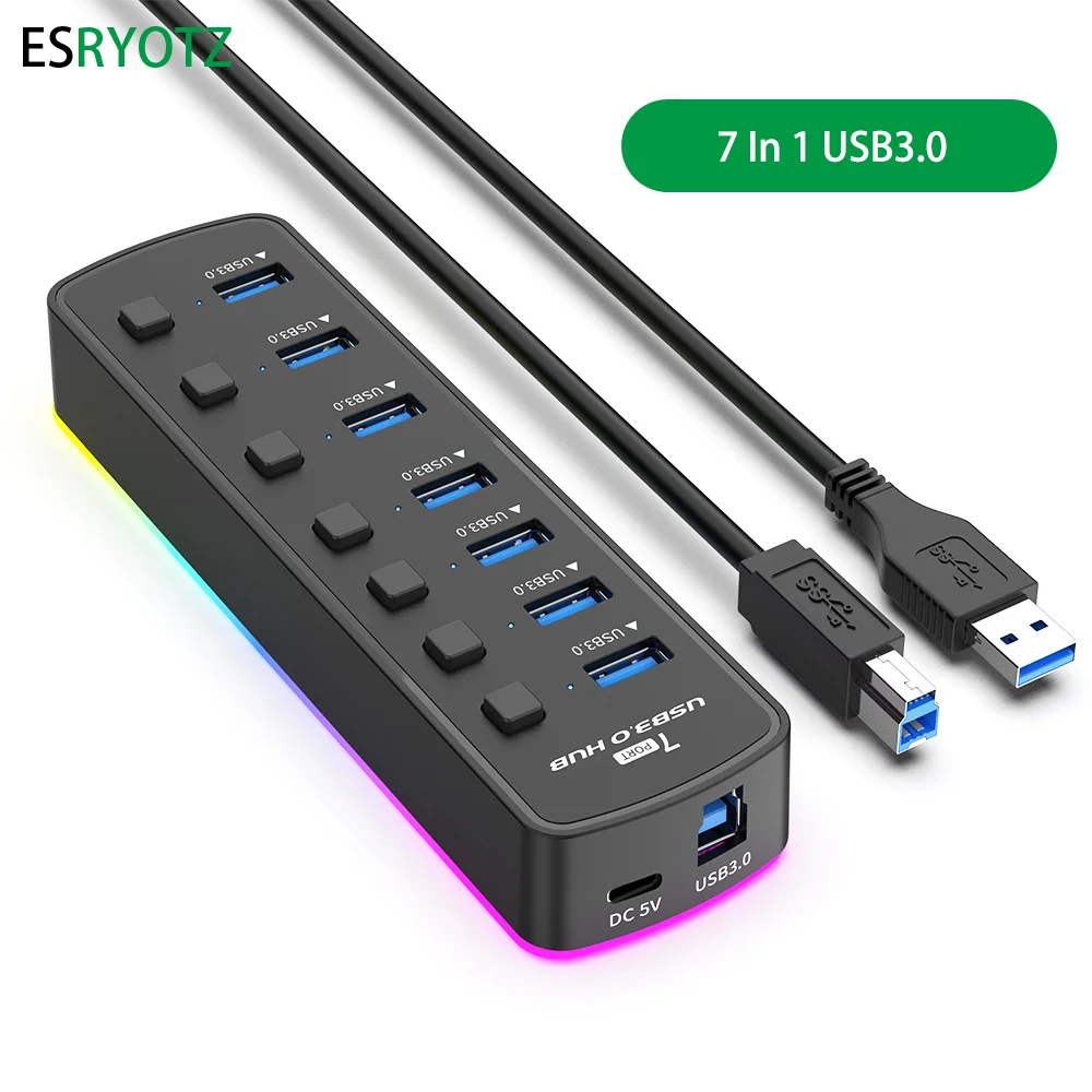 7 In 1 RGB Desktop Switch USB Hub 3 0 Adapter Splitter blinky led 5Gbps High Speed Charging led Indicator For Pc Laptop Macbook