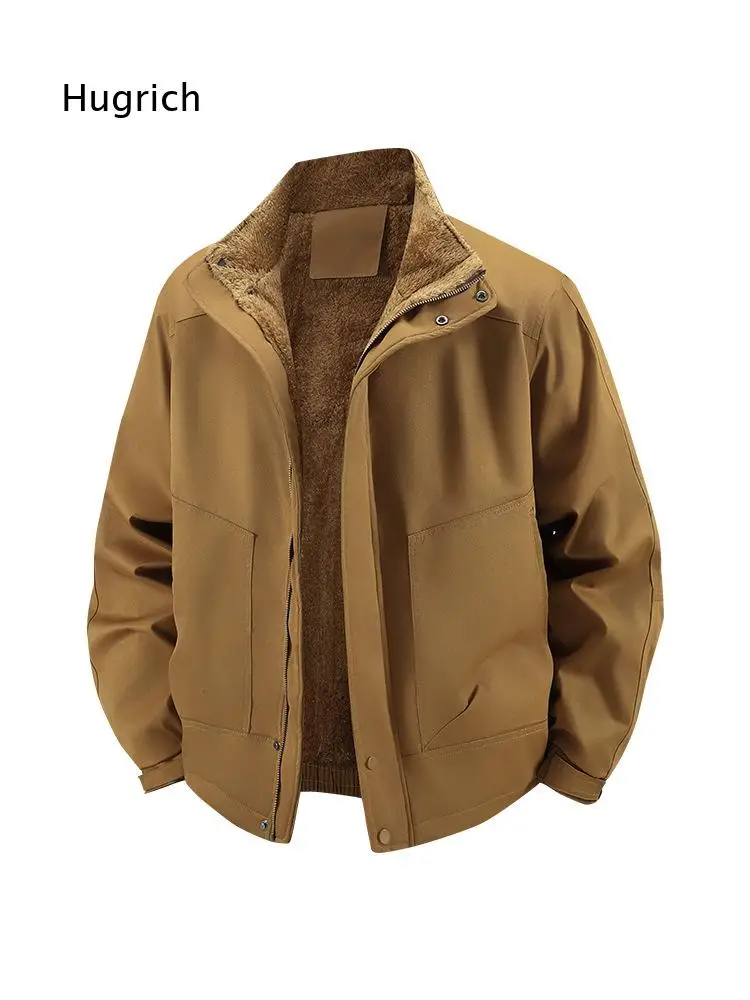 Men's Fleece Lined Stand Collar Jacket Zip Up Warm Winter Coat With Multiple Pockets For Casual Daily Streetwear