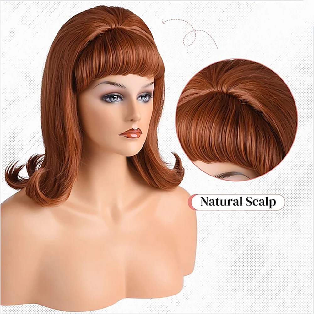 HAIRJOY  Synthetic Hair Retro Brown Wig 50s 60s 70s Wig with Bangs for Women Carnival Costume Party Halloween Wigs image 2