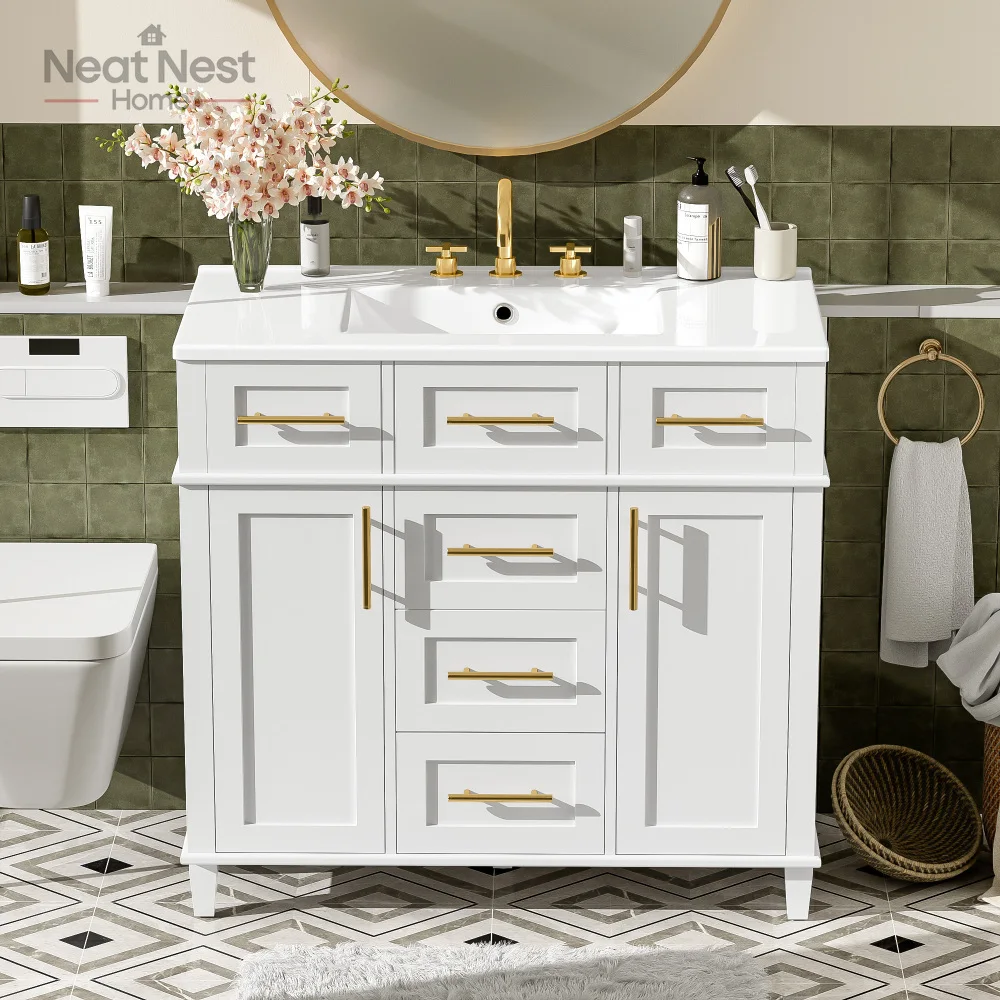 

White Bathroom Vanity Cabinet with Versatile Storage - 4 Soft Close Drawers 1 Adjustable Shelf,Durable and Gleaming Ceramic Sink