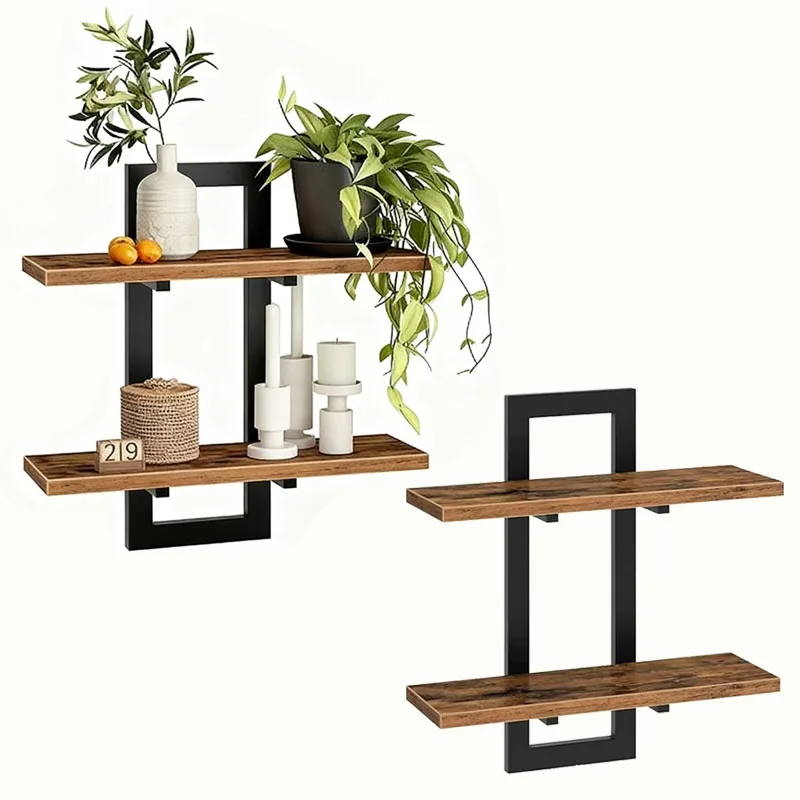 2-stufige rustikale schwebende Holzregale mit stabilem Metallrahmen, Wandregal, Organizer-Rack für Wohnzimmer, Schlafzimmer, Küche, Badezimmer