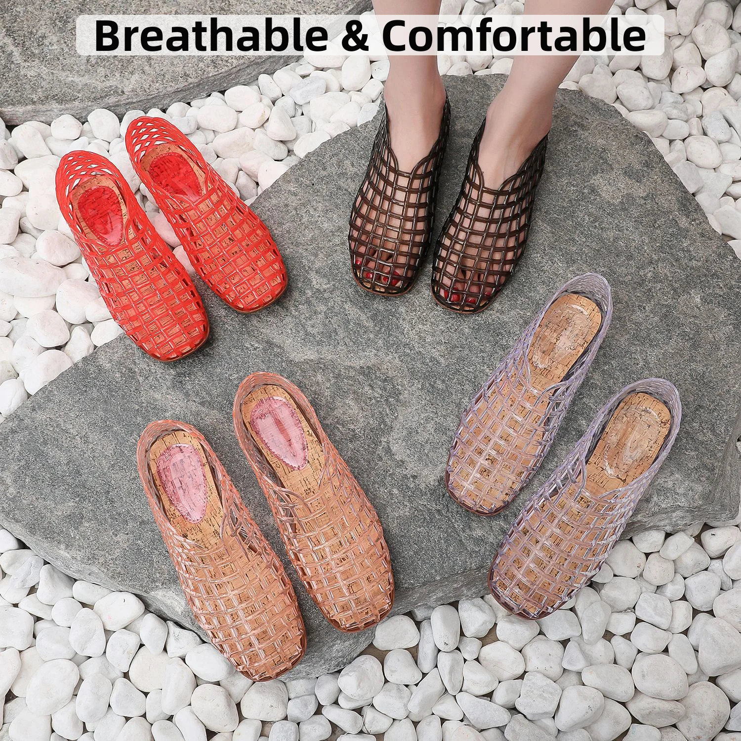 New 2026 Women Leisure Jelly Sandals Cut-out Soft PVC Breathable Summer Flat Shoes Close Toe Female Street Flats