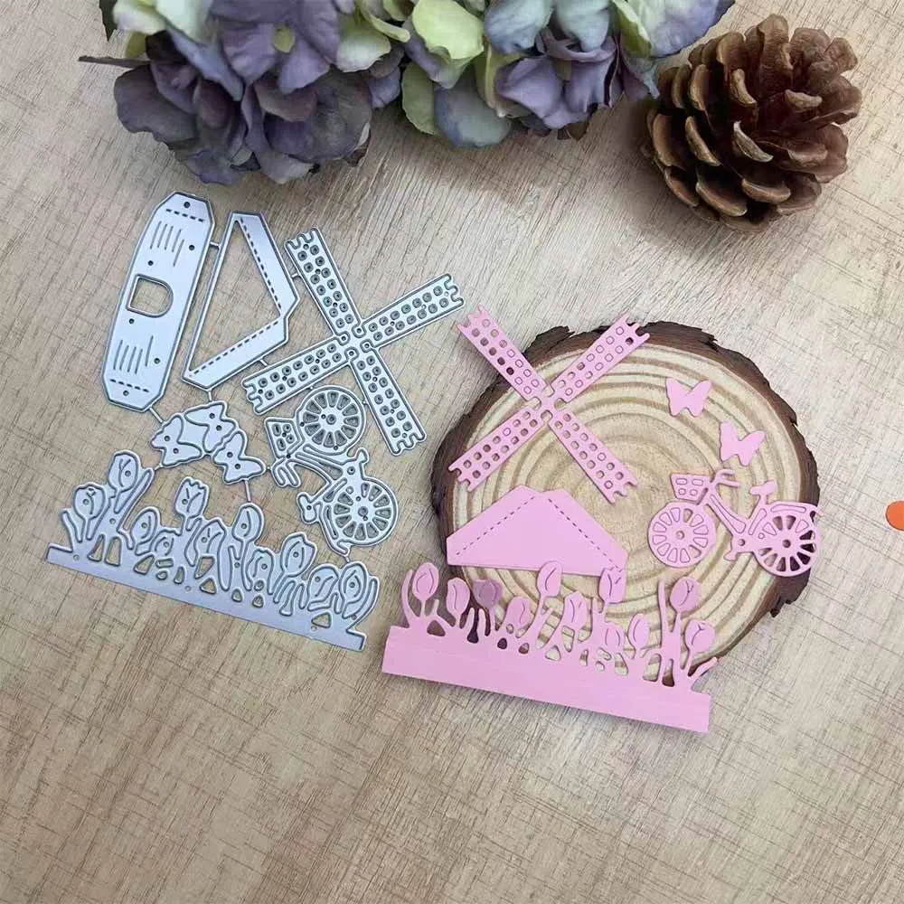 Farm-Windmühle, Tulpe, Schmetterling, Fahrrad-Szene, Metall-Stanzformen, Frühlings-Landhaus-DIY, Scrapbooking, Kartenherstellung, Prägeschablone