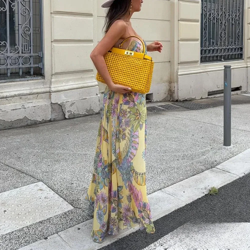 KONDALA Sexy Floral Print Chiffon Print Loose Dress Women Cami Loose Beach Dress Fashion 2025 Summer Backless Female Dress