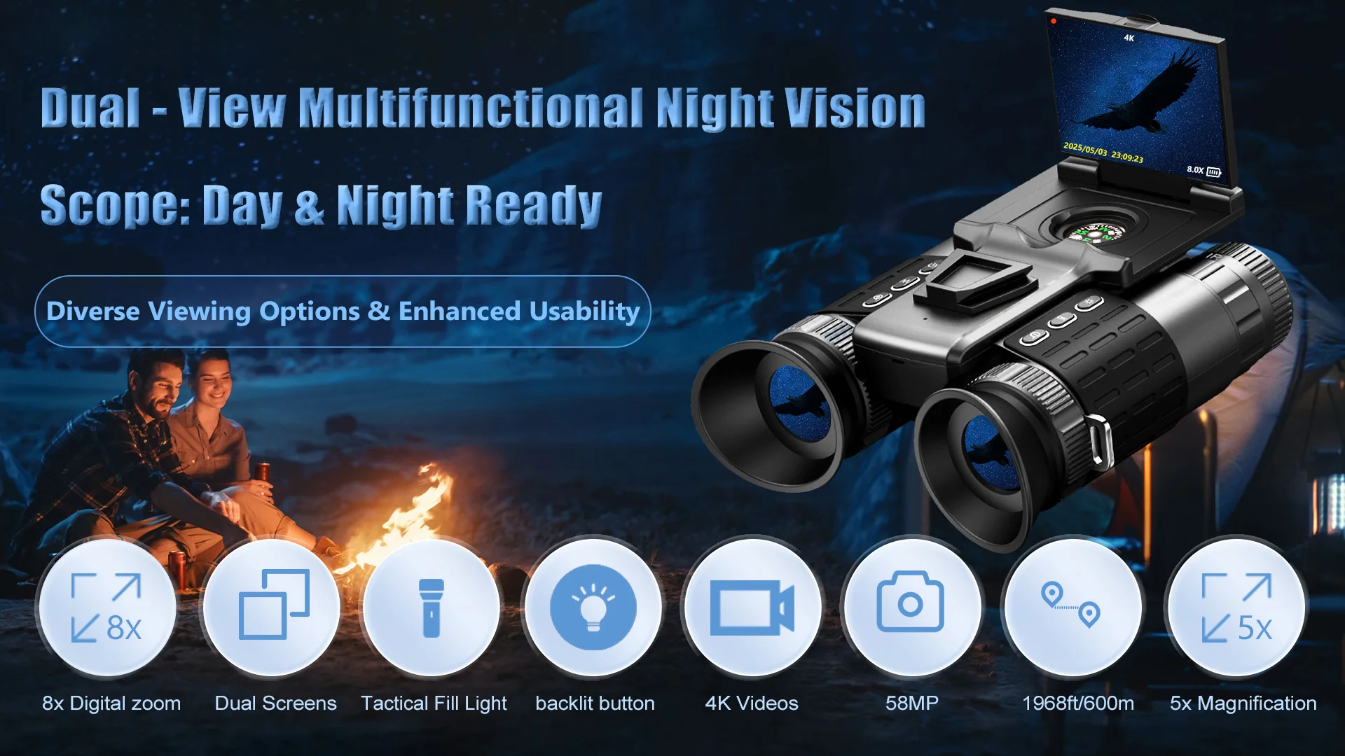 Cámara binoculares de visión 4K con luz táctica, alcance de 600m, telescopio Digital con Zoom 8X y pantalla abatible OLED