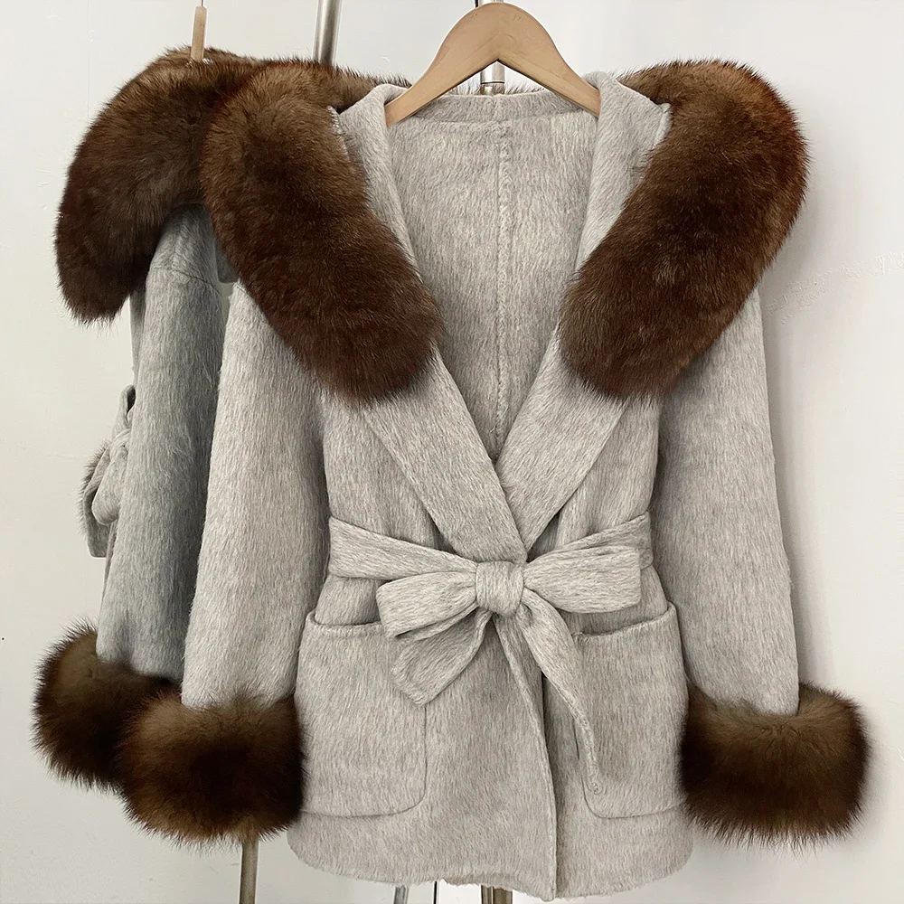 OFTBUY Winter Warmer Dicker Modischer Wollmantel Neuer Eleganter Taillierter Wollmantel für Damen mit Echtem Pelzkragen und Kapuze – Detail 18