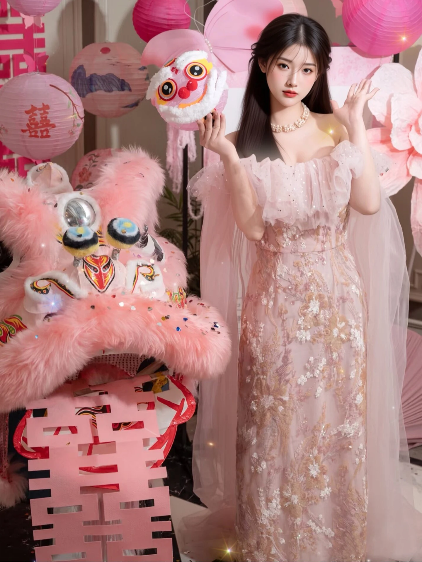 

Elegant Pink One-Shoulder Bridal Robe Women's Super Fairy Tale Style Dreamy Fairy Wind Dress Korean Style Mid-Waist Polyester...