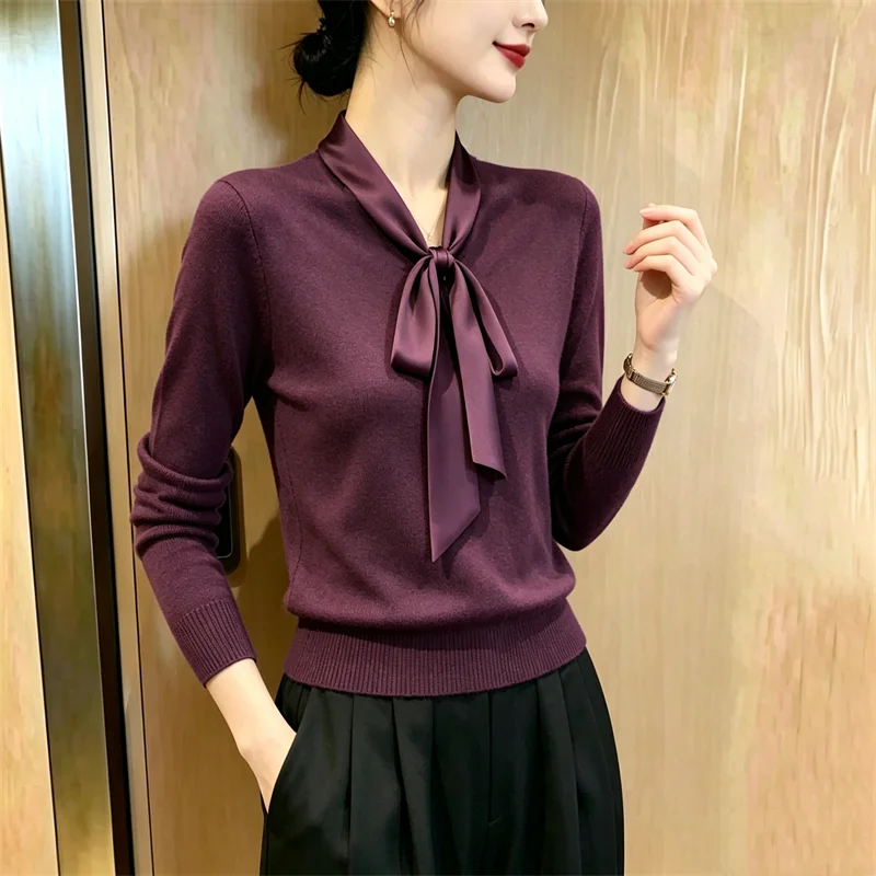 Women Bow Ribbon Knit Top Slim Fit Elegant Long Sleeve Casual Autumn Inner Base Shirt