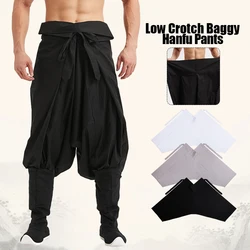 Chinese Style Mens Drop Low Crotch Hanfu Pants Baggy Belted  Harem Trousers Chinese Traditional Ming Dynasty Trousers Bloomers