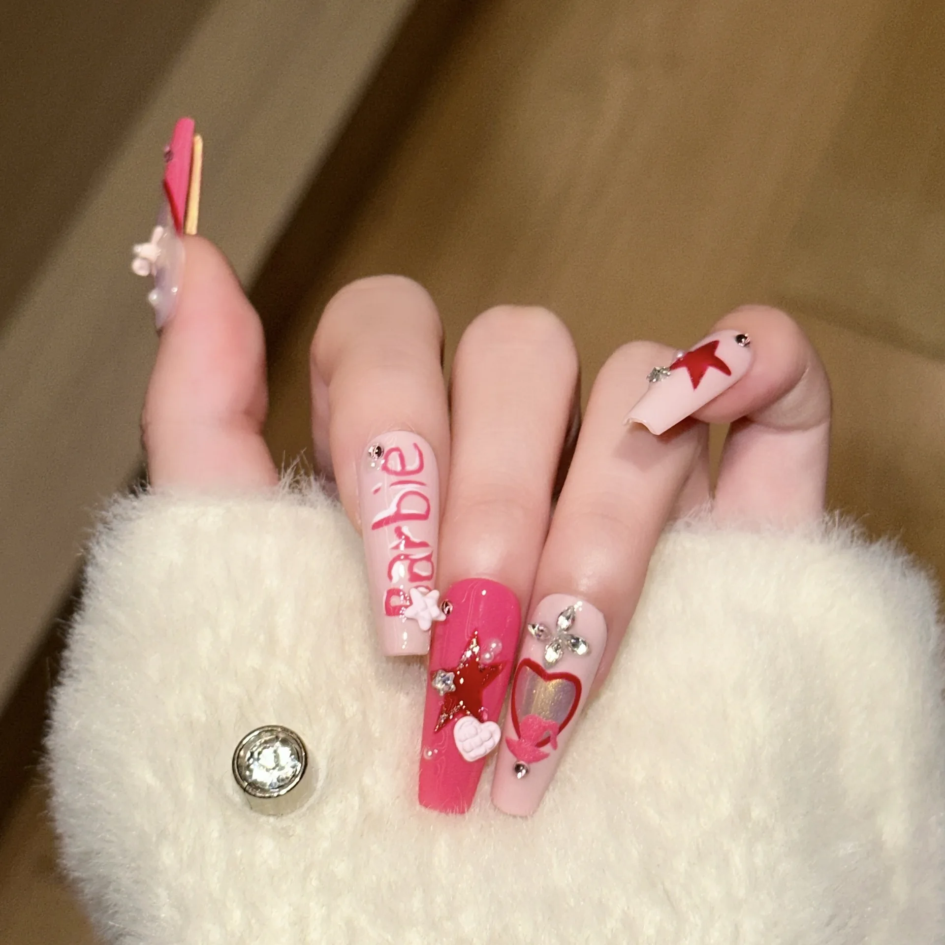 

10pcs Handmade Long Ballet Press on Nails Sweet Cool Love Star Deisgn Fake Nails Reusable Wearable Sweet Korean False Nail Tips