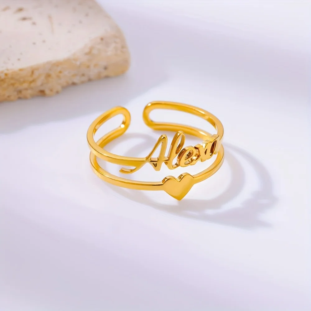 Custom Heart Name Rings for Women Gold Color Personalized Ring Waterproof Customized Letters Stainless Steel Jewelry anillos