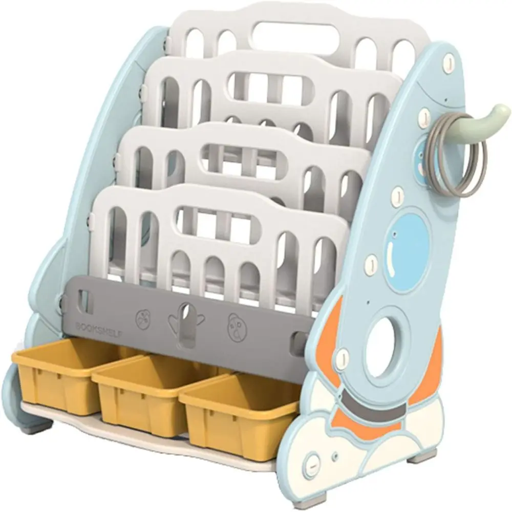 Blue Toddler Bookshelf - Multi-Layer Plastic Storage Cabinet for Kids' Books and Toys in Kindergarten