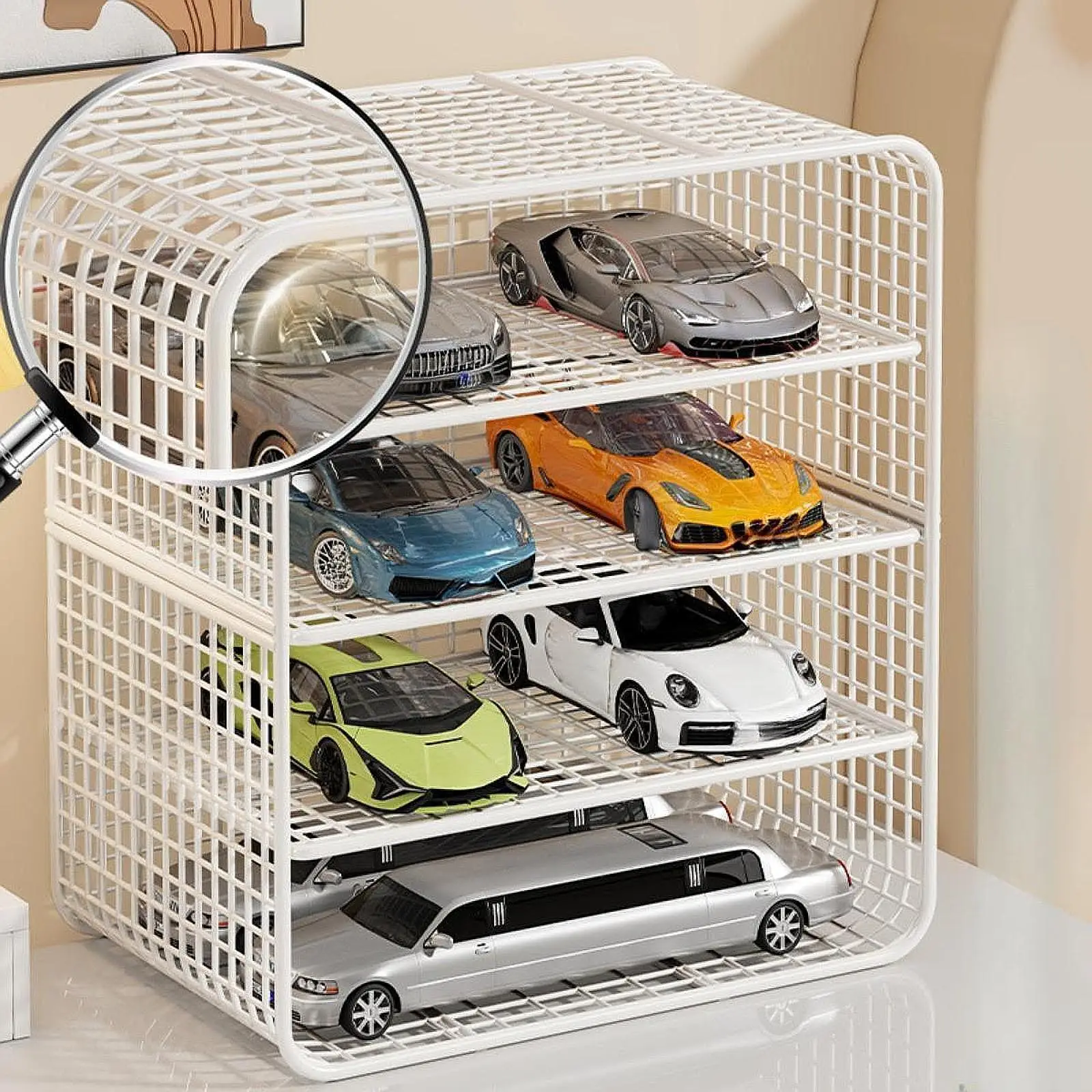 

Model Car Display Case Tabletop Decor Layout Collectible Showcase Four Tier Versatile Toy Car Display Box White for Collectors