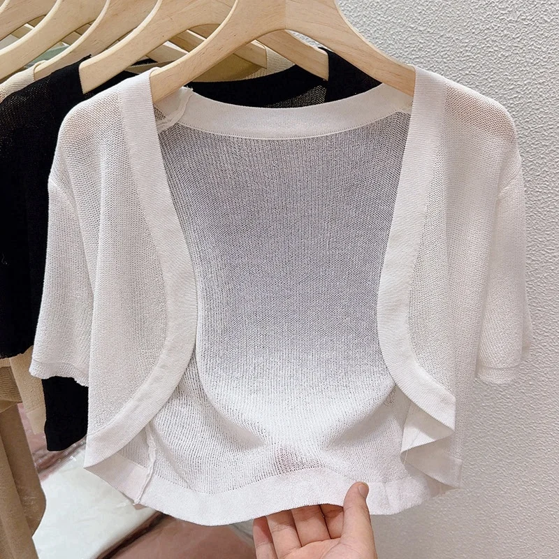 

Summer ort Sve Knitted Open Cardigan Women's Thin Pure Color Small awl Outer Match with ter Skirt ort Sun Protect...