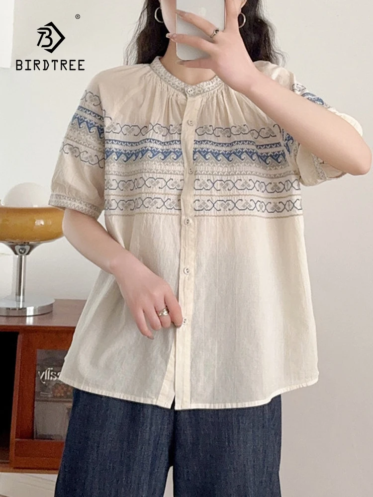 

New 2025 Summer Cotton Short Sleeve Shirt, Women O Neck Embroidery, Mori Girl Retro Ethnic Style Commute Loose Blouse T57180CC