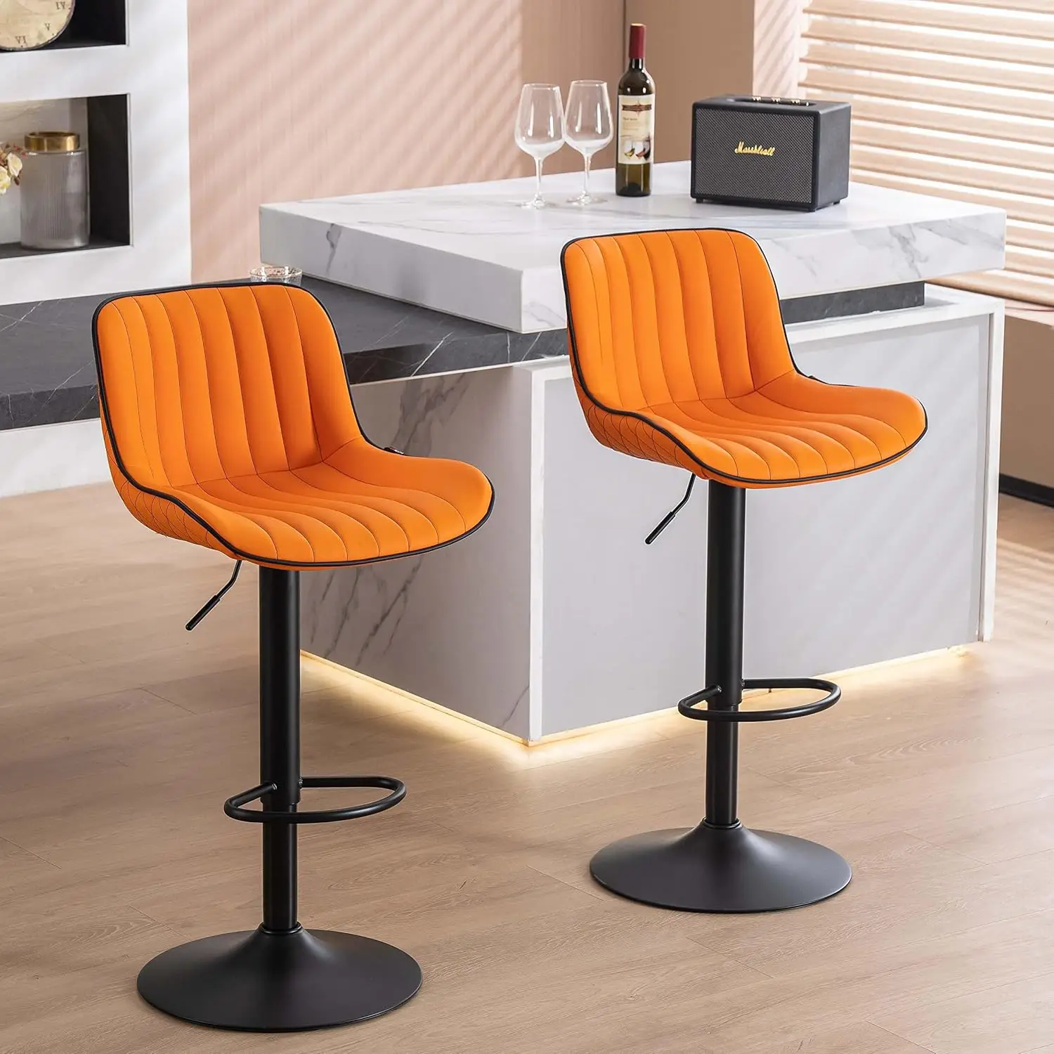 Orange Upholstered Bar Stools Set of 2 Counter Height Modern Adjustable Swivel Bar Chairs with Backs Mid Century PU