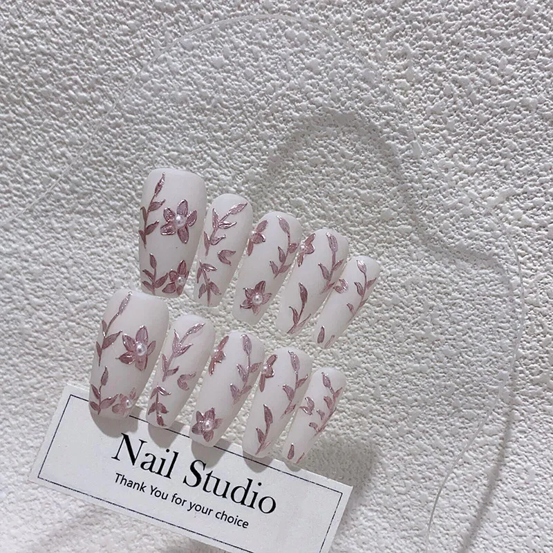 Medium Long Pink Gold Vine Hand-painted Pattern French Romantic Press On Nail Art Removable Pure Handmade.No.EM29103